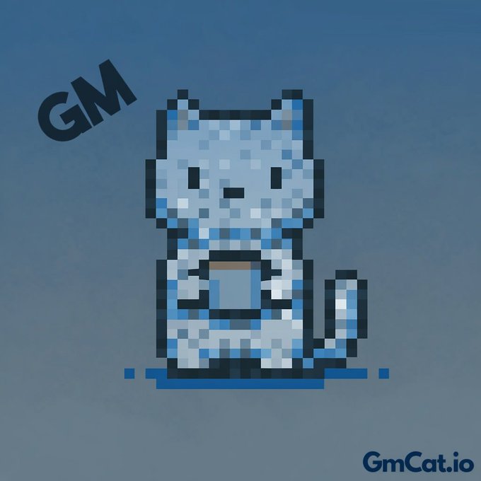 A pixel-art illustration of a light blue cat sitting and holding a coffee mug on a blue background, labeled 'GM' in the upper left and watermarked 'GmCat.io' in the lower right.