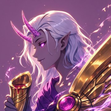 A digital illustration of a horned, elf-like character with white hair and glowing pink eyes, holding a golden horn filled with red liquid against a sparkly purple background.