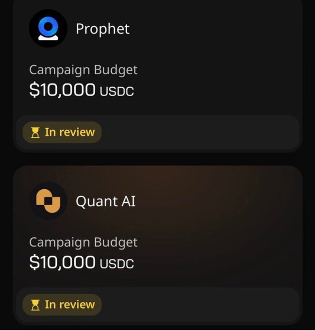 The image shows a screenshot of a cell phone screen with two tabs open, one titled "Campaign Budget" and another titled "Quant AI". The text on both tabs indicates that they are related to a campaign or budgeting task. The first tab displays a list of items for consideration in the review process, while the second tab features an image of a logo for Quant AI.