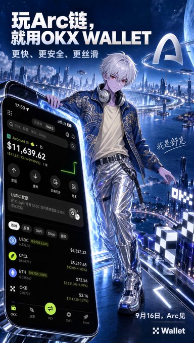 A Chinese advertisement for OKX Wallet promoting the Arc chain, featuring an anime-style character with white hair and headphones, showing a wallet balance of $11,639.62 with various cryptocurrency listings.