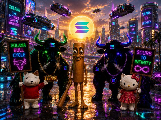 A vibrant Solana-themed cityscape at sunrise features two neon-lit bulls flanking a wooden Solana log mascot, with the text "SOLANA BULL CYCLE" and "$CURB TO INFINITY" on placards, alongside Hello Kitty characters holding the signs, all set against a futuristic skyline with Solana branding and bull imagery echoing the bullish morning post featuring tickers $SOL, $ANSEM, $CURB, $KITTY, $TripleT, and $KET.