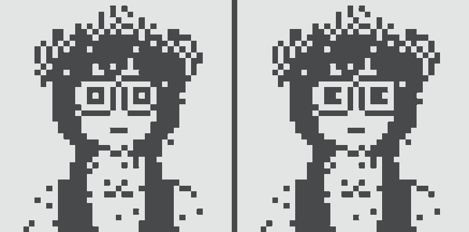 A black and white pixel art image showing two side-by-side nearly identical character portraits with curly hair and glasses, rendered in a retro 8-bit aesthetic.