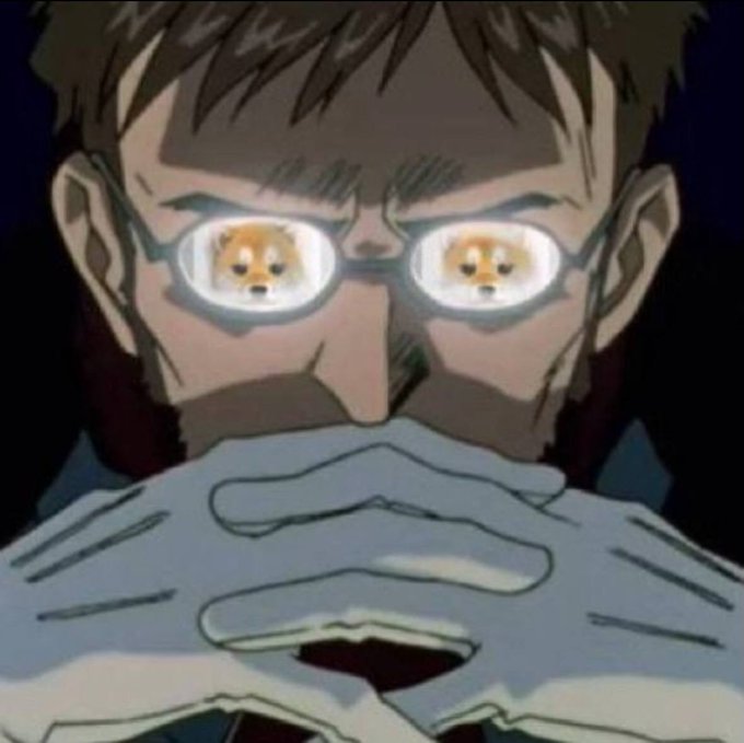 An anime-style close-up shows a man with glasses reflecting Shiba Inu (Doge) dog eyes, holding his hands clasped over his mouth in a shocked expression.