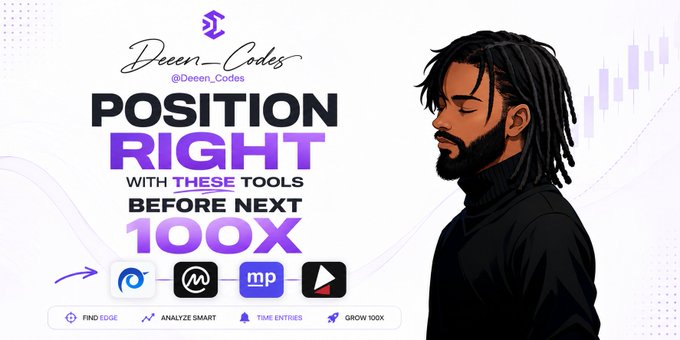 The image is a promotional graphic by @Deeen_Codes featuring an illustrated bearded man with dreadlocks in a black turtleneck, with text reading "POSITION RIGHT WITH THESE TOOLS BEFORE NEXT 100X" alongside logos for Pump.fun, Meteora, Magic Eden, and a trading platform, emphasizing the post's message about using tools like Pump.fun to position early on potential breakout tokens rather than chasing pumps after they've already happened.
