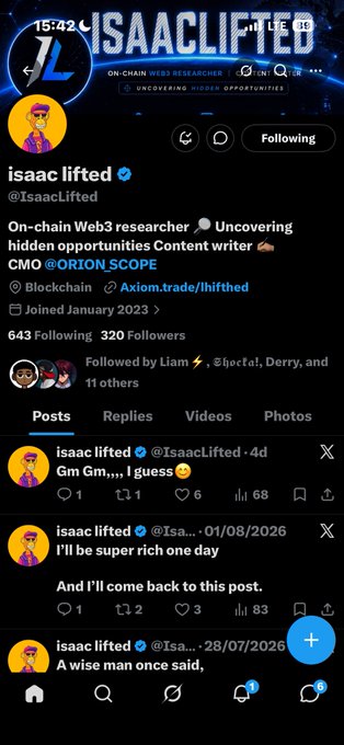 An X (Twitter) profile page for 'isaac lifted' (@IsaacLifted), described as an on-chain Web3 researcher uncovering hidden opportunities, with 643 Following and 320 Followers.