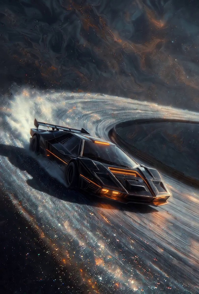 iced car with orange and black stripes, tilted to the left on a curvy road, surrounded by a dark blue sky and white clouds.