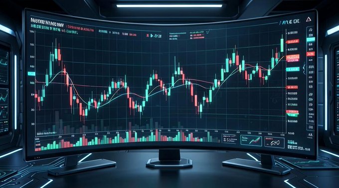 A futuristic trading setup displays a large curved monitor showing a green and red candlestick chart with moving averages in a dark, neon-lit room.