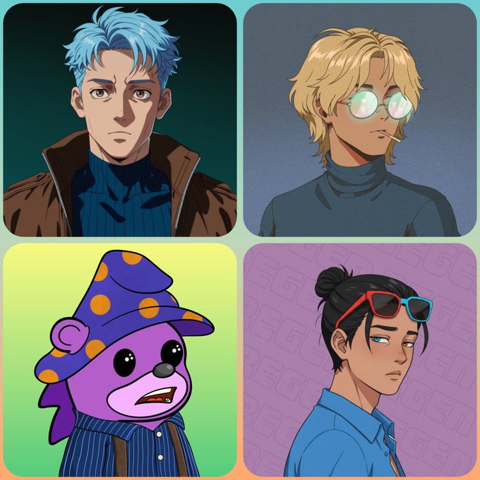 A 2x2 grid of four stylized character portraits: a blue-haired man in a brown jacket, a blonde man with round glasses, a purple bear-like creature in a wizard hat, and a dark-haired person with sunglasses on their head.
