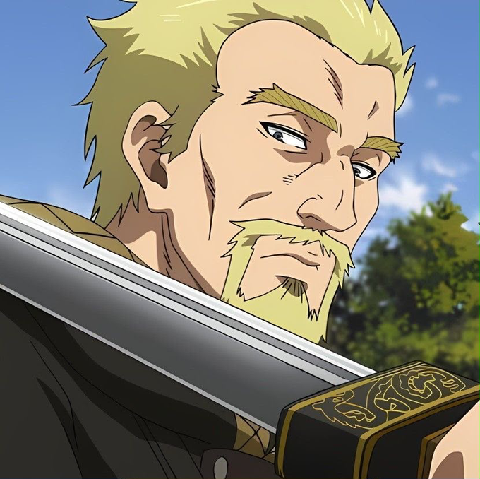 An anime character with spiky blonde hair and a blonde beard, wearing dark clothing with an ornate gold-decorated strap, set against a blue sky background.