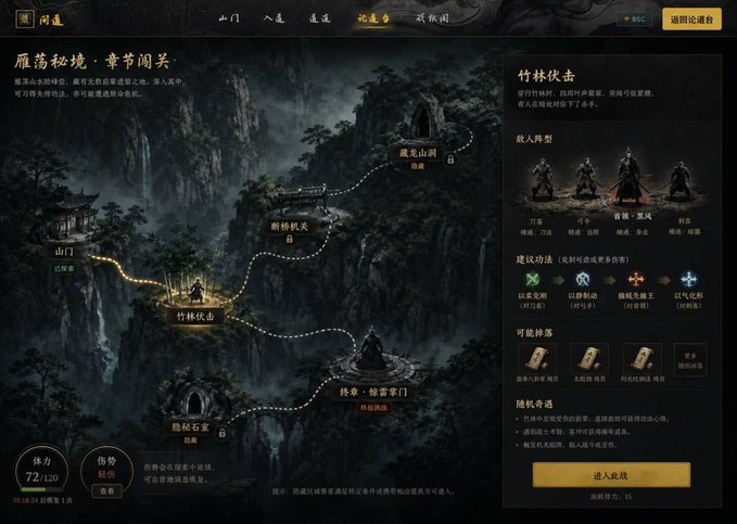 A dark-themed video game interface with Chinese text, showing a mountain map with locations like '竹林伏击' and a character selection screen on the right.