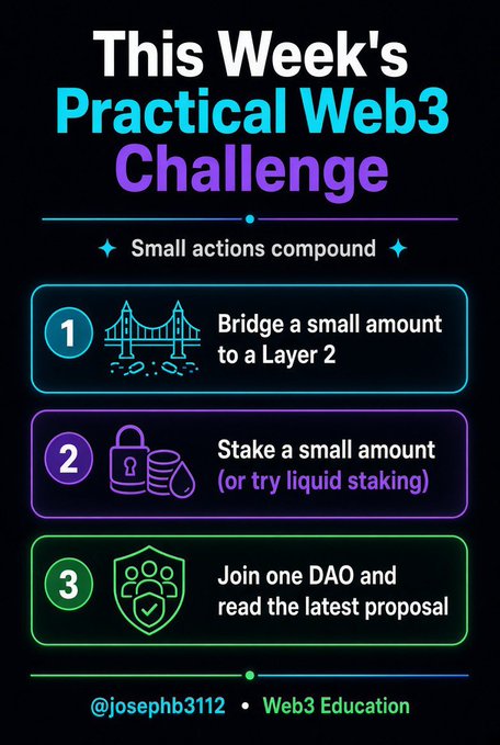 An infographic titled 'This Week's Practical Web3 Challenge' by @josephb3112, listing three small action steps: bridge funds to Layer 2, stake a small amount, and join one DAO.