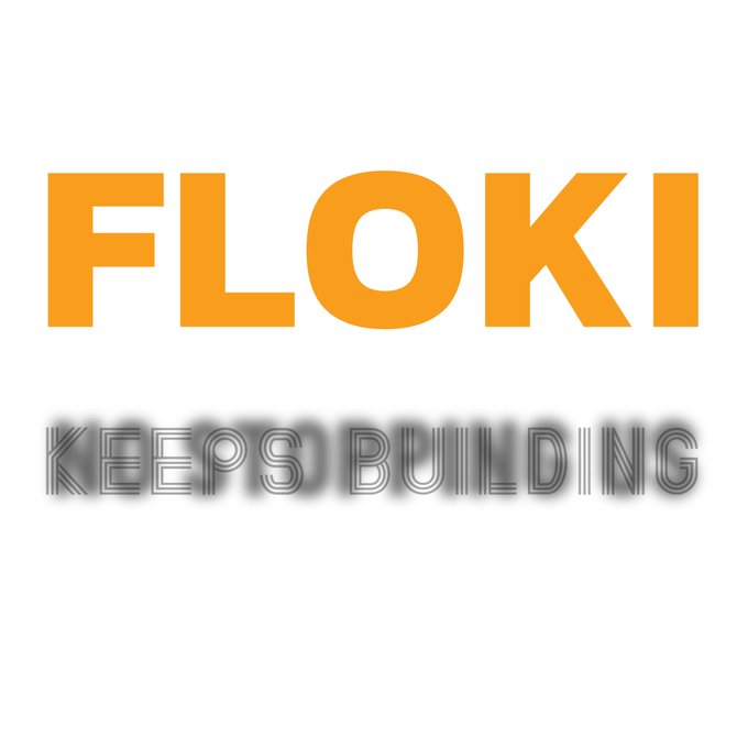 The image displays a logo for "FLOKI" in bold orange text, with the tagline "KEEPS BUILDING" beneath it in a gray, stylized font. It serves as a motivational graphic promoting the FLOKI cryptocurrency brand's ongoing development efforts.
