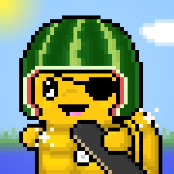 A pixel art character resembling a yellow fruit with a green rind and an eye patch smiles against a blue sky background.