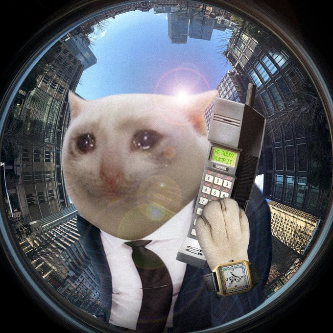 A surreal image of a cat-headed figure in a business suit holding a large vintage Nokia mobile phone with the message "THE SQUID PUMP IT" displayed, set against a fisheye cityscape.