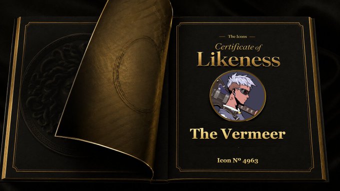 A stylized 'Certificate of Likeness' booklet for 'The Vermeer' (Icon N° 4963) from 'The Icons' collection, featuring a circular portrait of a white-haired anime character on a black and gold background.