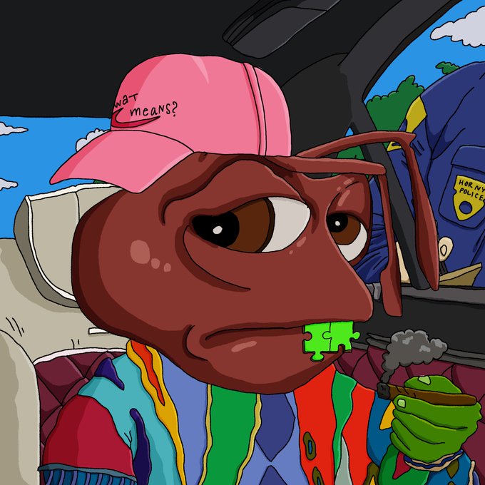 A cartoon illustration shows a brown, Pepe-like character wearing a pink cap that says 'what means?' and a colorful shirt, smoking a cigarette with a police officer visible in the background.