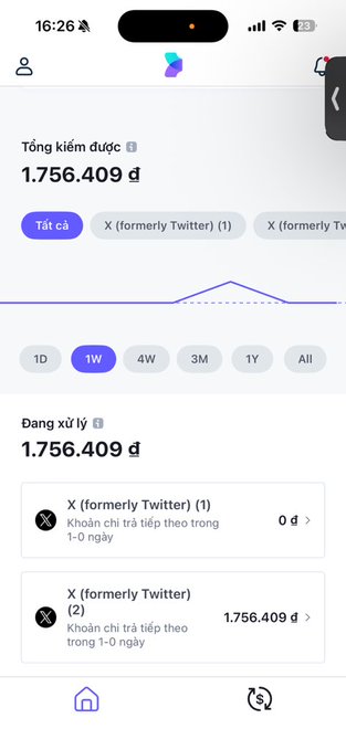 A mobile screenshot in Vietnamese showing a financial account balance of 1.756.409 đ (Vietnamese đồng), with pending transactions from X (formerly Twitter), displaying a 1W time filter selection.