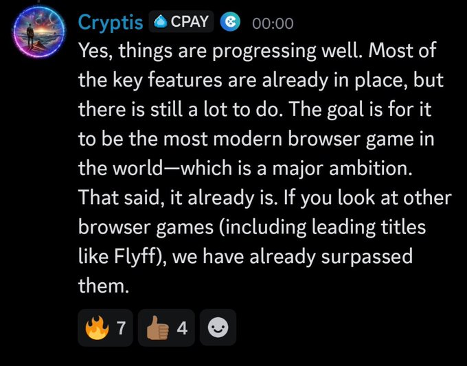 A screenshot of a message from Cryptis in a chat, stating that their browser game development is progressing well with key features in place, aiming to become the most modern browser game in the world—claiming it has already surpassed leading titles like Flyff Universe.