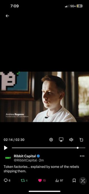 A phone screenshot shows an X/Twitter video by 'Ribbit Capital' (@RibbitCapital) at 02:14/02:30, featuring Andrew Rogozov (Founder & CEO, The Open Platform) with the caption 'Token factories... explained by some of the rebels shipping them.'