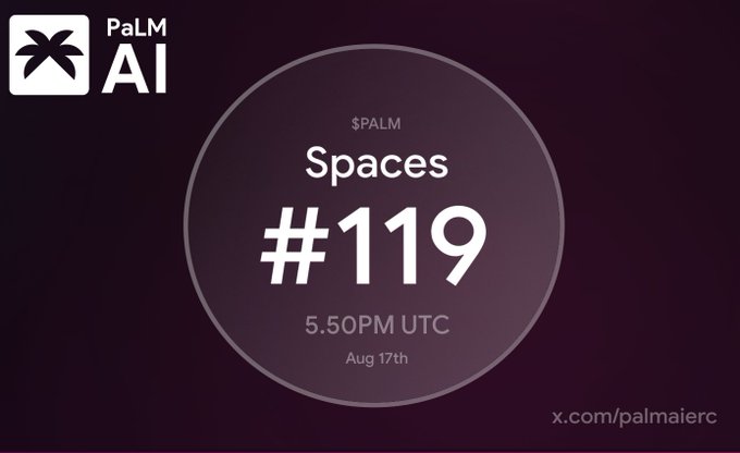 A promotional graphic for "PalM AI" announces "Spaces #119" scheduled for 5:50 PM UTC on August 17th, with the X handle @palmaierc displayed, matching the post's details about the upcoming Twitter Spaces event to discuss recent developments, future plans, and review competition entries.