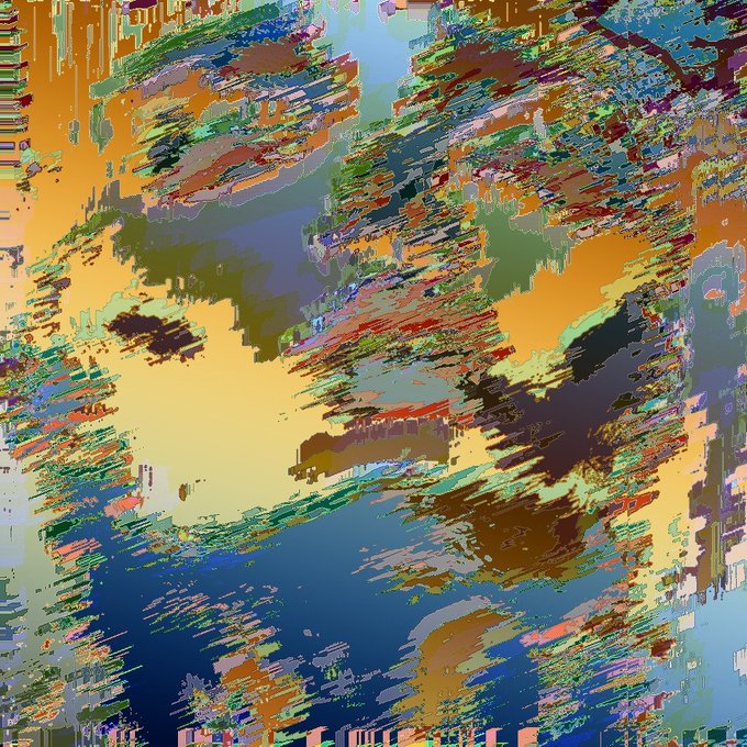 An abstract, glitch-style digital artwork featuring fragmented brushstrokes and a vibrant palette of blue, yellow, orange, and green.