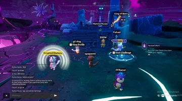 A screenshot from an online multiplayer game showing players racing through a neon-lit cyberpunk-themed course with names like 'CrypticChaser' visible above avatars.