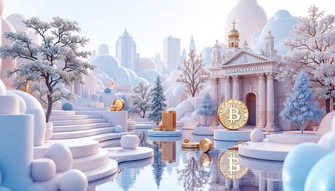 A pastel-colored 3D rendered scene featuring a grand classical building with golden domes, set in a winter landscape with a large Bitcoin coin displayed on a pedestal.