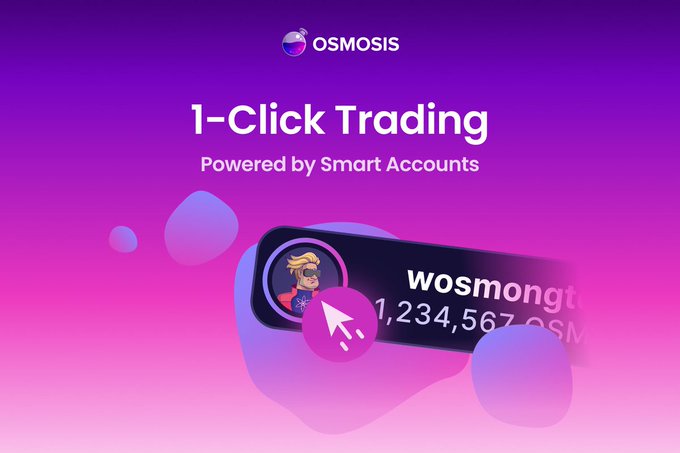 An advertisement for OSMOSIS featuring '1-Click Trading Powered by Smart Accounts' against a purple gradient background, showing a cursor clicking on a profile labeled 'wosmongt' with a balance of 1,234,567 OSM.