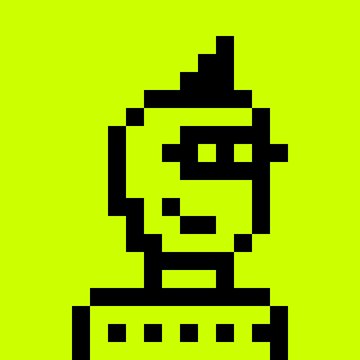 A simple black pixel art character with sunglasses and a small hat on a bright lime green background.