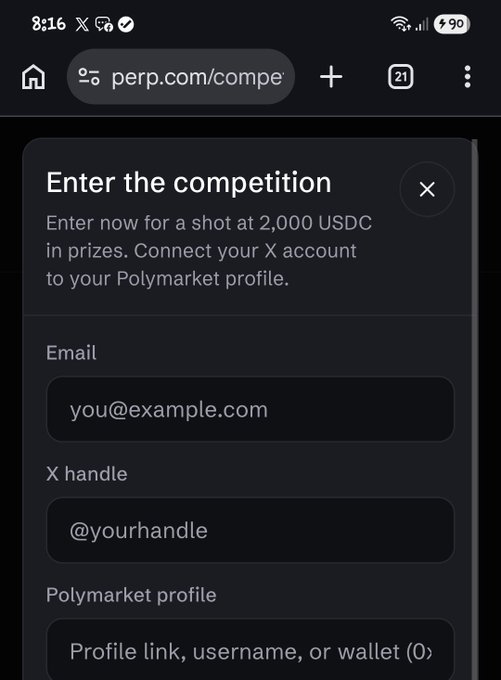 A mobile screenshot from perp.com showing a competition entry form for 2,000 USDC in prizes, with fields for Email, X handle, and Polymarket profile.