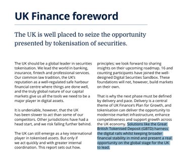 A snippet of an article titled 'UK finance foreward', which argues that the UK is well placed to seize the opportunity presented by tokenisation of securities, mentioning the Global Network of Digital Securities Sandbox.