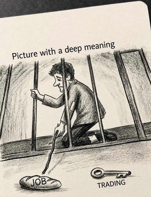 A pencil sketch titled 'Picture with a deep meaning' depicting a man behind prison bars reaching with a stick toward a bundle labeled 'JOB', while a key labeled 'TRADING' lies unlocked on the ground nearby.