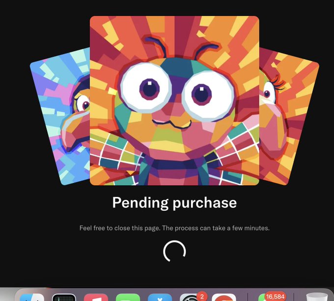 A macOS notification appears showing a "Pending purchase" for a colorful VeeFriends NFT card, with a loading spinner indicating the transaction is processing on OpenSea, reflecting the user's post about acquiring a rare 1/1 Iconic collectible from the VeeFriends collection.