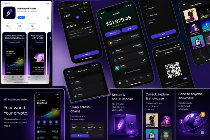 This image showcases the Robinhood Wallet application, highlighting its features for swapping crypto, managing assets, and collecting NFTs. The post mentions "$Wallet" and "@RobinhoodApp", directly relating to the visual content.