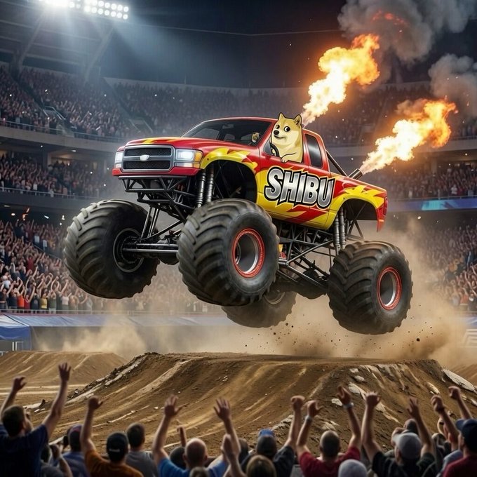 An AI-generated image of a monster truck with 'SHIBU' written on the side and a Shiba Inu dog driving, performing a jump with fire shooting from the exhaust at a stadium monster truck rally.