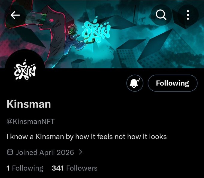 A Twitter/X profile page for "Kinsman" (@KinsmanNFT) featuring a stylized banner with a hooded figure and teal graffiti-style "Kinsman" logo, displaying 341 followers and a bio reading "I know a Kinsman by how it feels not how it looks." The profile appears to be promoting an NFT collection with 4000 supply on the Ethereum blockchain, as indicated by the accompanying post.