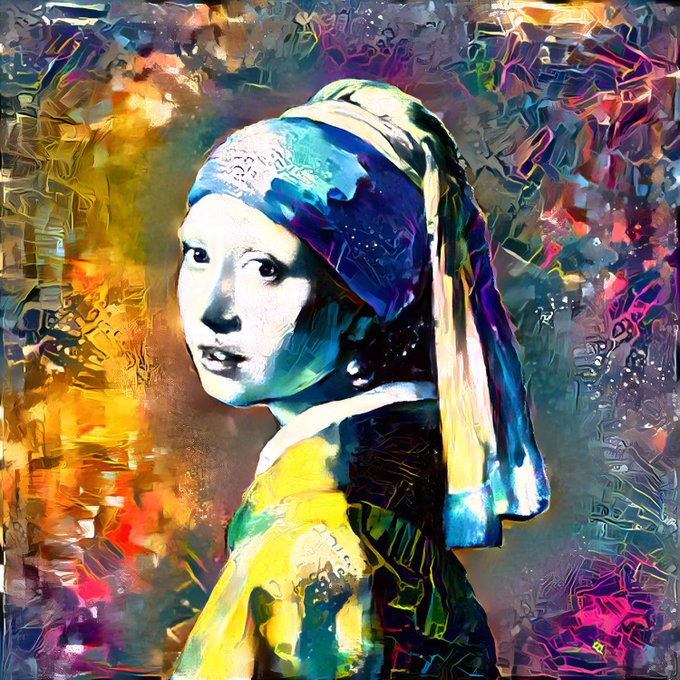 A vibrant, colorful graffiti-style street art portrait reminiscent of Vermeer's 'Girl with a Pearl Earring', rendered with splashes of yellow, blue, pink, and green against an abstract background.