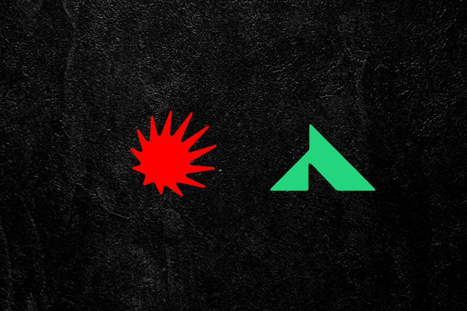 A red spiky sun-like icon and a green upward-pointing arrow are displayed on a dark, textured background, symbolizing the energy and growth behind the $DOT (Polkadot) and @novita_labs partnership highlighted in the accompanying post about scalable AI infrastructure.