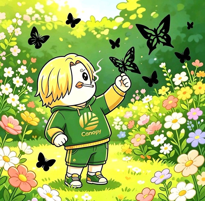 An anime-style illustration of a blonde character in a green 'Canopy' tracksuit smoking a cigarette while surrounded by black butterflies in a colorful flower garden.