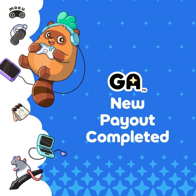 The image features a cartoon raccoon holding a Nintendo Wii controller while sitting on top of a laptop computer. The background of the image is blue with white stars scattered throughout. Below this scene, there are several items related to gaming equipment such as a cell phone, a mouse, and a keyboard. The text in the image reads "New Payout Complete", indicating that the payment for the game has been completed.