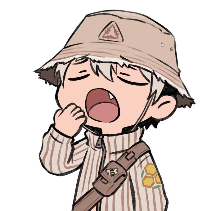 A chibi-style illustration of a cute child wearing a beige bucket hat with a triangle emblem, a striped shirt, and a bee and honeycomb patches, yawning with eyes closed.