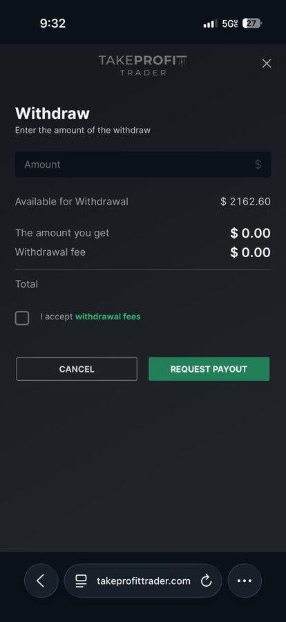 A mobile withdrawal interface for TakeProfit Trader showing an amount field, $2162.60 available for withdrawal, zero fees, and buttons for 'CANCEL' and 'REQUEST PAYOUT'.