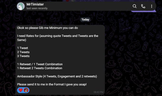 A Telegram message from user MrTimister requesting tweet and retweet rates, listing options like '1 Tweet', '2 Tweets', '3 Tweets', and 'Ambassador Style' packages.