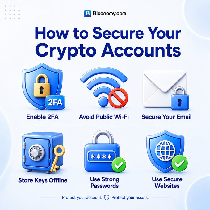 An infographic from Biconomy.com titled "How to Secure Your Crypto Accounts" displays six security tips with icons: Enable 2FA, Avoid Public Wi-Fi, Secure Your Email, Store Keys Offline, Use Strong Passwords, and Use Secure Websites. The visual aligns with the post's message by illustrating practical steps for protecting crypto assets, reinforcing the "Protect your account. Protect your assets." tagline shown at the bottom.