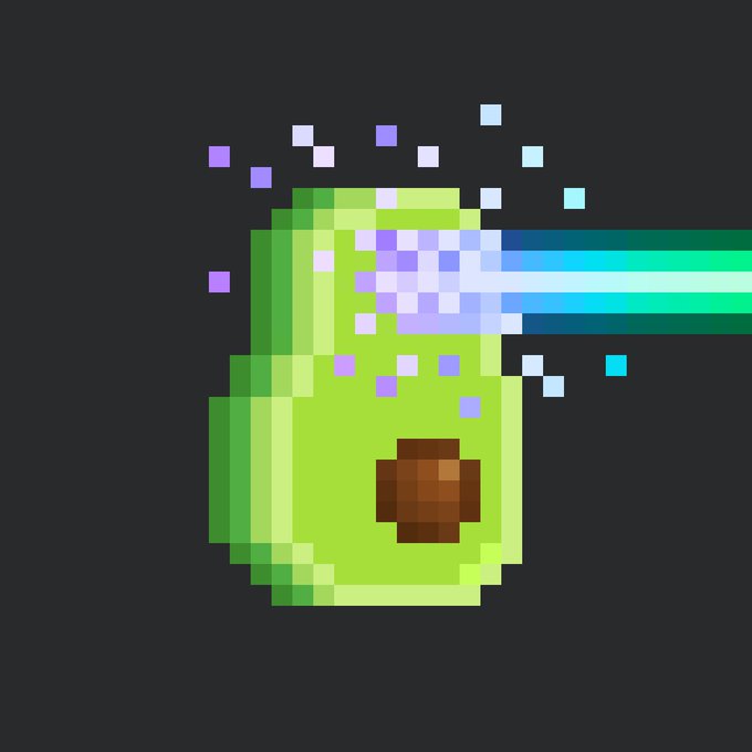 Pixel art illustration of a green avocado being sliced by a green and cyan laser beam with scattered particles on a dark background.