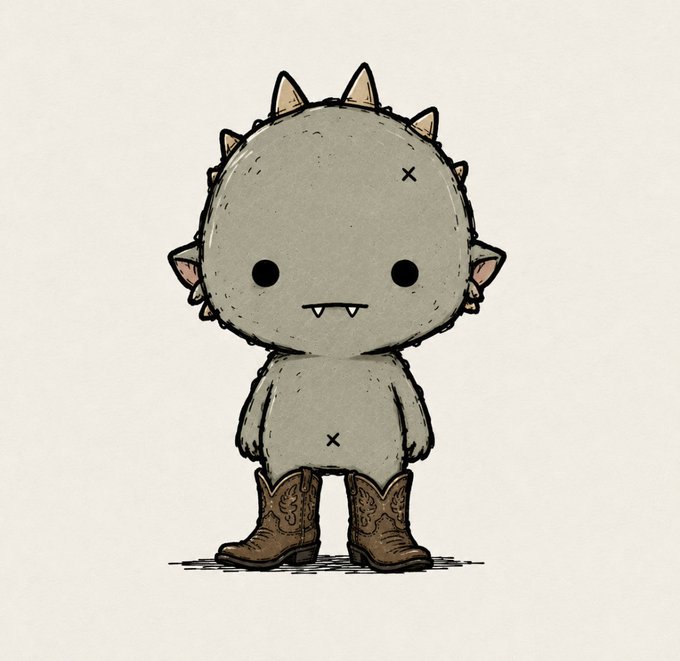 An illustration of a small, round, gray monster with spikes on its head and a tiny fang, wearing brown cowboy boots.
