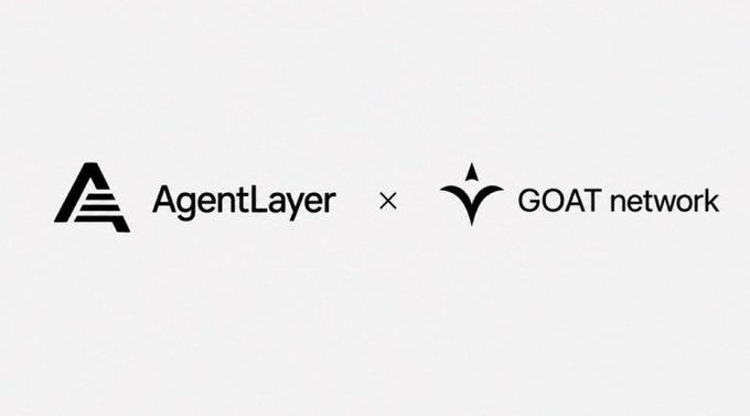 A minimalist logo graphic showing a collaboration between 'AgentLayer' and 'GOAT network' on a white background.