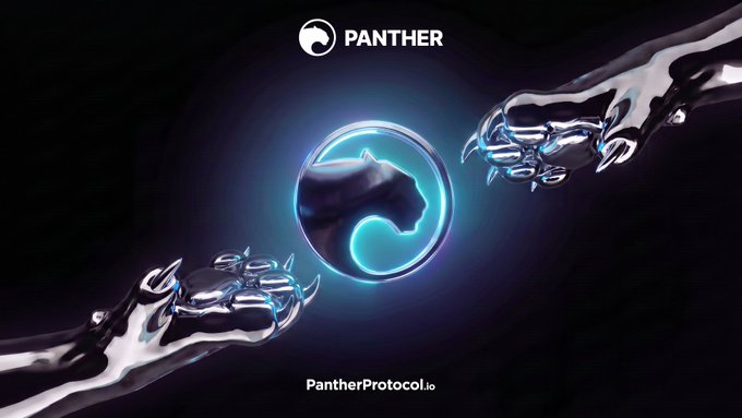 A dark promotional graphic for Panther Protocol (PantherProtocol.io) showing a glowing blue circular logo with a panther profile, flanked by two metallic robotic clawed hands.