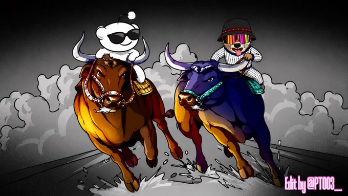 Two cartoon mascots—one a white bear wearing sunglasses and a party hat, the other a puppy with a hat and rainbow shutter shades—race on charging bulls through a dusty track, edited by "@PT003_". The post tags @pp_privatejet and uses #PPxSTAKE, tying the high-energy "bull run" artwork to a stake promotion with PTlovesCabrzy.