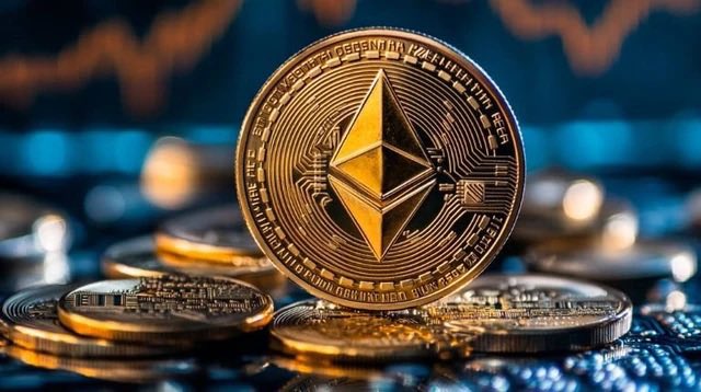 A close-up of a gold-colored Ethereum (ETH) coin standing upright on a pile of similar coins against a blurred background featuring stock chart lines.